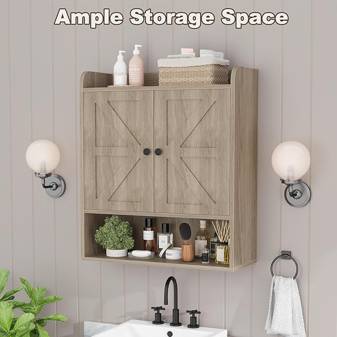 EasyCom 22" W x 26" H Bathroom Wall Cabinet, Farmhouse Medicine Cabinet with Adjustable Shelves and 2 Barn Doors, Over The Toilet Storage Cabinet for Bathroom, Kitchen, Living Room, Oak Grey