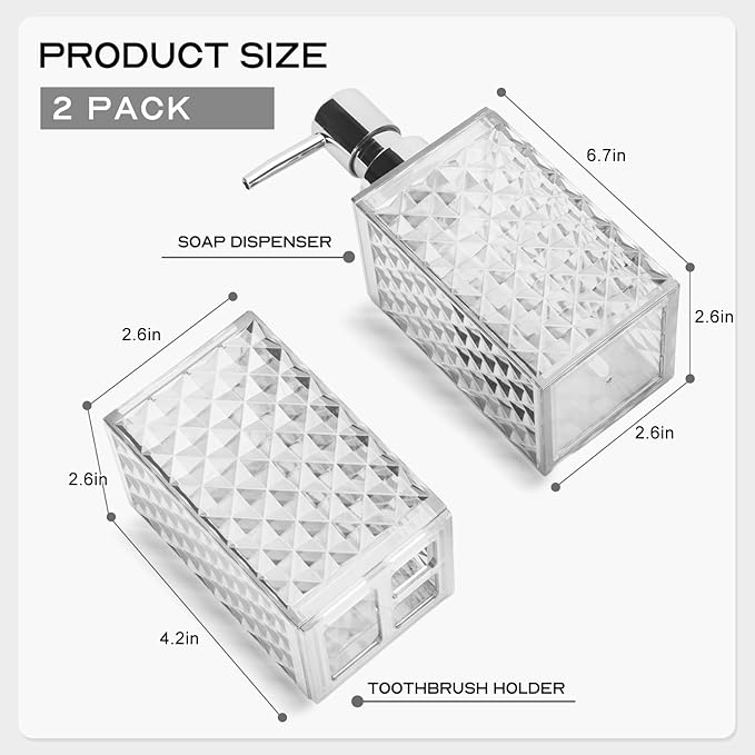 Bathroom Accessories Set 2 PCS, White Bathroom Accessories Include Soap Dispenser and Toothbrush Holder, Diamond Pattern Bathroom Set for Boho Bathroom Decor