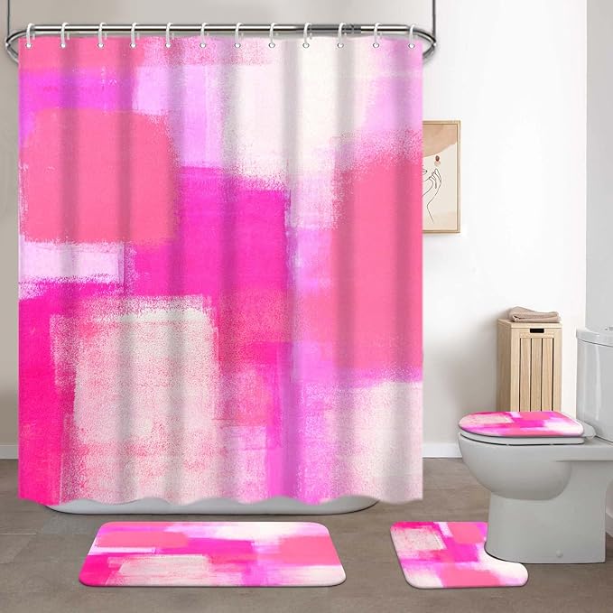 Lnond 4Pcs Bathroom Shower Curtain Sets with Rugs, Pink and Grey Painting Art Bathroom Sets with Shower Curtain and Rugs and Accessories