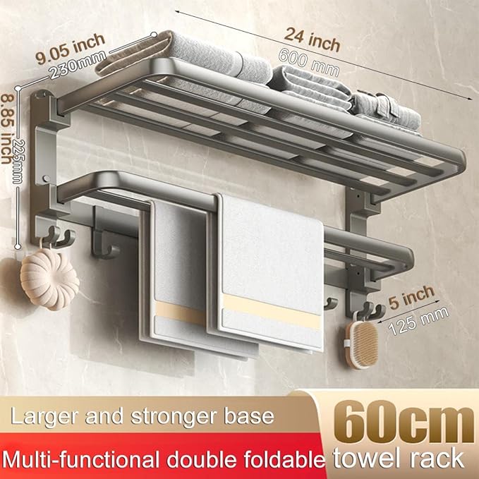 (1 Pack) Yariwiz Grey Towel Rack Wall Mounted No Drill and Screw Mounting, Bathroom Bath Shower Length 24 inch Double Towel Rod with Shelf Hotel Towel Rack B0502-GREY