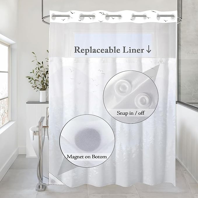 Accnicc No Hook Shower Curtain with Snap in Liner Blue Misty Forest Hookless Shower Curtains for Bathroom Foggy Nature Pine Tree Mountain Woodland Waterproof Fabric Bath Curtain Decor 71×74In