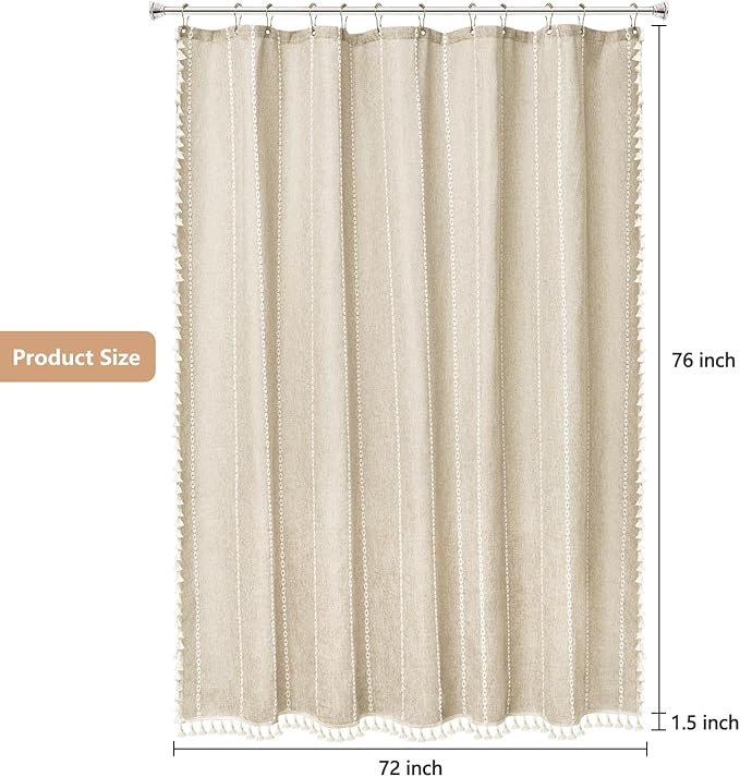 Boho Farmhouse Shower Curtain Heavyweight Extra Long 72 x 76 Inch, Beige Linen Textured Fabric Shower Curtain with Tassels, Cream Striped Elegant Bathroom Décor Curtain Water Repellent