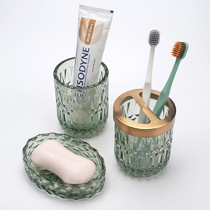 IVAILEX 5PCS Green Glass Bathroom Accessories Sets of Lotion Dispenser, Soap Dish, Toothbrush Holder, Tumbler, Cotton Swab Jars, Modern Bath Decor, Vintage Gift