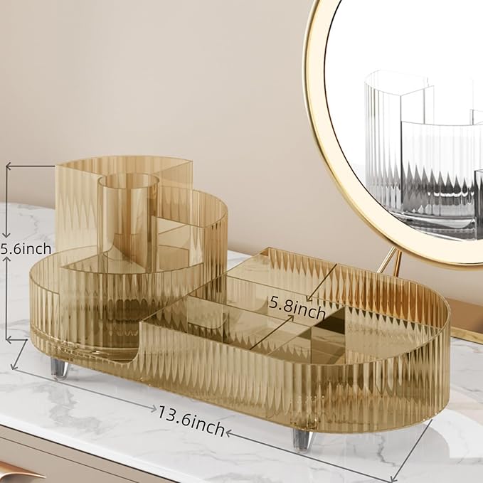Roating Makeup Organizer for Vanity, Large Capacity Cosmetic Display Case, Clear Acrylic Countertop Beauty Storage Holder for Skincare, Brush Eyeshadow Lipstick, Counter Desk, Crystal Amber