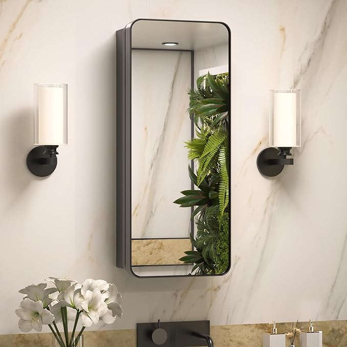 Keonjinn 15 x 36 Inch Black Slim Medicine Cabinets, Narrow Bathroom Side Medicine Cabinet with Mirror, Stainless Steel Framed, Adjustable Shelves, Recessed or Wall Mount, Modern Farmhouse