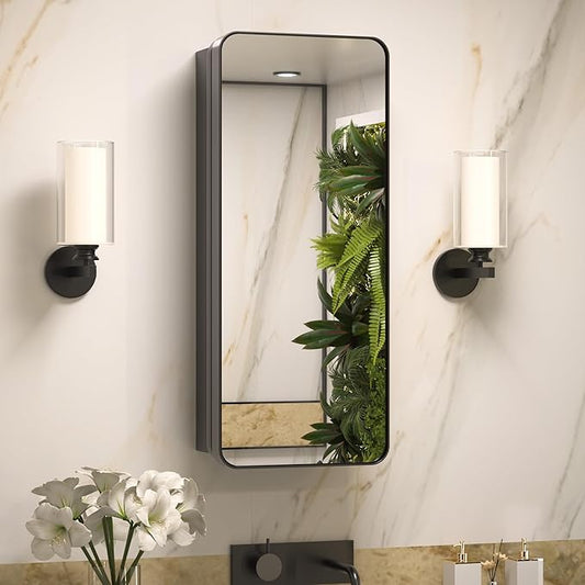 Keonjinn 15 x 36 Inch Black Slim Medicine Cabinets, Narrow Bathroom Side Medicine Cabinet with Mirror, Stainless Steel Framed, Adjustable Shelves, Recessed or Wall Mount, Modern Farmhouse