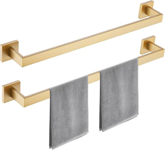 23.6 Inch Brushed Gold Bathroom Towel Bar Set, 2-Piece Square Wall Mounted Towel Rack, Wall Mounted 304 Stainless Steel Towel Holder for Bathroom
