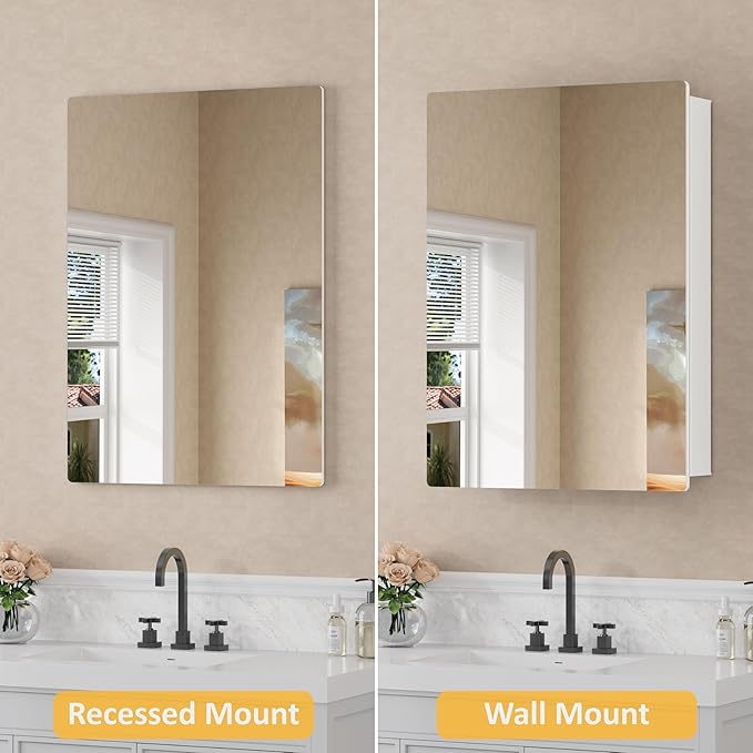 20x28 Inch Medicine Cabinet with Mirror, Recessed or Surface Mounted Bathroom Cabinets for Storage, 2 Fully Adjustable Tempered Glass Shelves, Soft-close DTC Hinges, HD Reflection Mirror Door, White