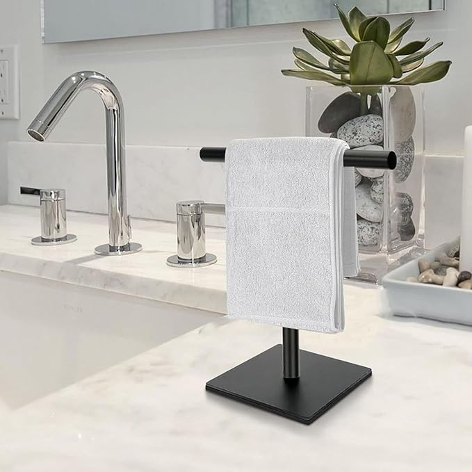 Freestanding Hand Towel Holder Countertop Modern Stand Towel Rack with Square Base Space Saving 304 Stainless Steel Hand Towel Holder Matte Black Finished