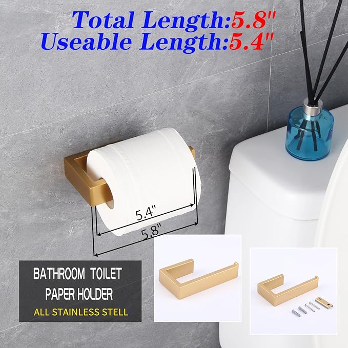 GERZWY Bathroom Accessory 3-Piece Set SUS 304 Stainless Steel Toilet Paper Holder Towel Ring Towel Hooks Wall Mount Gold Finished HG1708-3BE