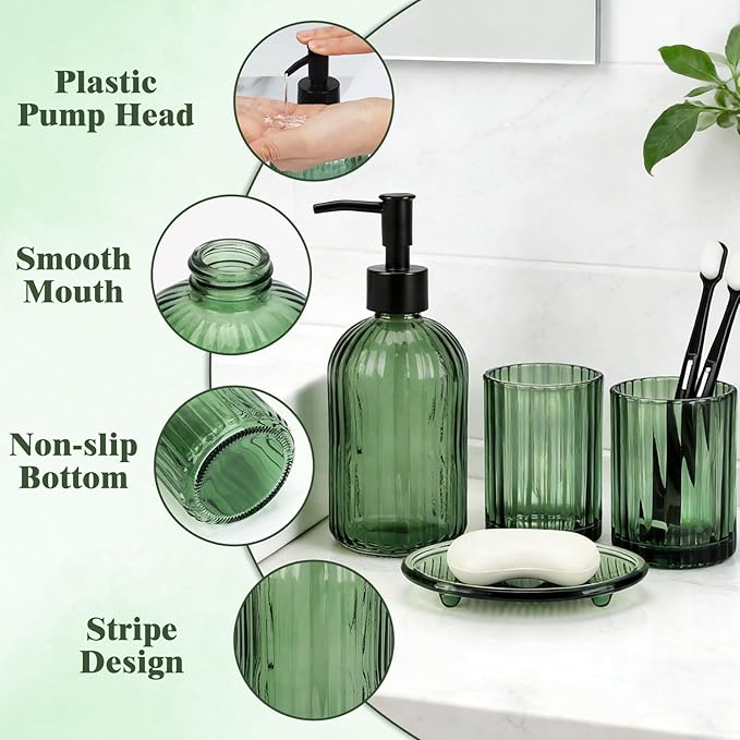 Topsky 4 Pcs Glass Bathroom Accessories Set,13.5oz Liquid Hand Soap Dispenser with Toothbrush Holder,Mouthwash Cup,Soap Dish for Bathroom Countertop,Vertical Stripe Design,Heavy Weight,Army Green
