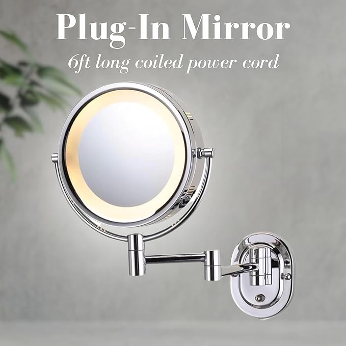 JERDON Wall-Mounted Makeup Mirror with 5X Magnification - Chrome Makeup Mirror with LED Lights - Plug in - HL65C