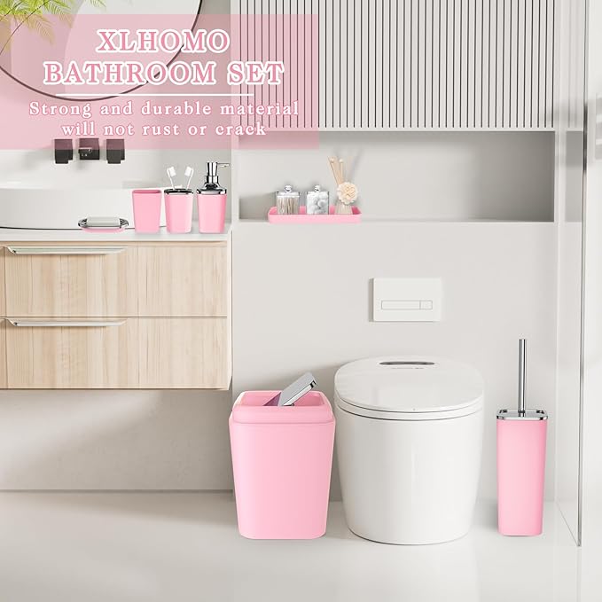 XLHOMO Pink Bathroom Accessory Set, Plastic Bathroom Set with Tray, Soap Dispenser, Toothbrush Holder, Toothbrush Cup, Soap Dish, Toilet Brush, Trash Can and Q-tip Holders for Bathroom/Housewarming