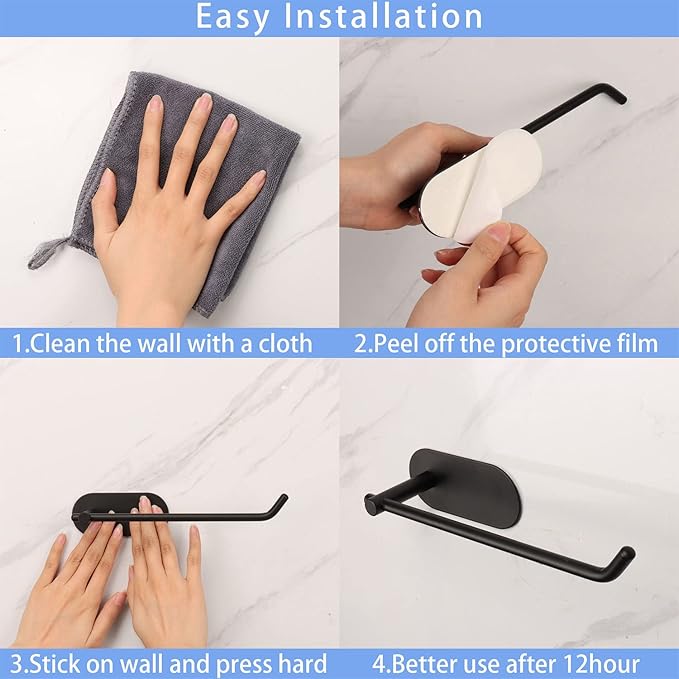 TocTen Hand Towel Holder/Towel Ring, No Drilling Stick on Wall Hand Towel Bar, SUS 304 Stainless Steel Hand Towel Rod, Strong Self Adhesive Hand Towel Rack/Hanger for Bathroom Kitchenn(Black, 2 Pack)