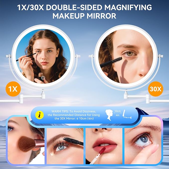 9'' 30X/1X Wall Mounted Lighted Makeup Mirror, 5000mAh Rechargeable Double-Sided Magnifying Mirror with Light, Bathroom Mirror Touch Dimmable 3 Colors 360° Rotation Extended Arm, Power Adapter