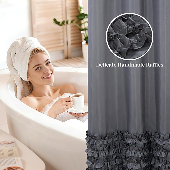 Grey Ruffle Shower Curtain, Girls Women Fabric Shower Curtain with Delicate Handcrafted Ruffles, Waterproof Ruched Farmhouse Decorative Bathroom Curtain, 72" W x 72" H