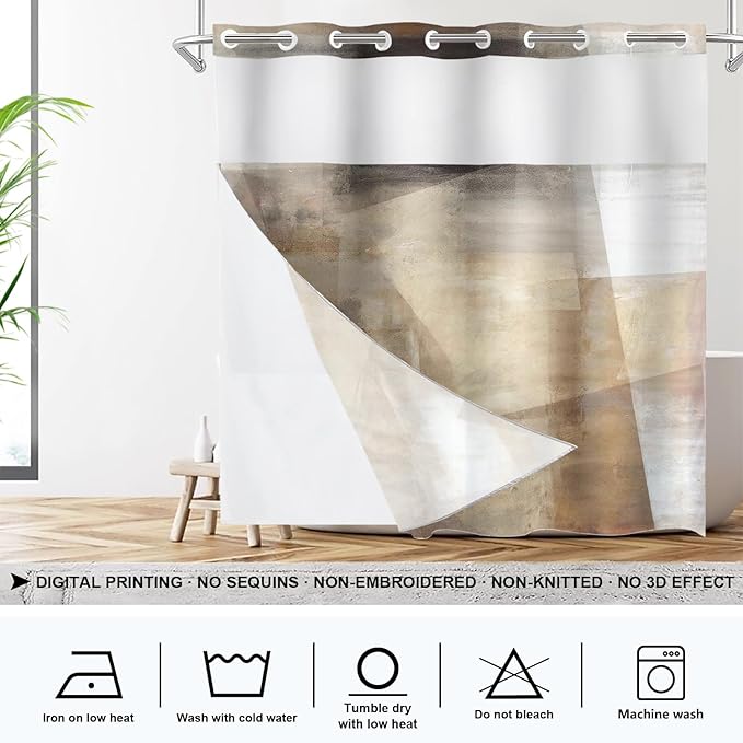 Shrahala Brown Abstract Art No Hooks Shower Curtain with Snap in Liner Set, Beige Painting Bathroom Décor Polyester Fiber Waterproof for Stall Bathtubs 71 X 74 in