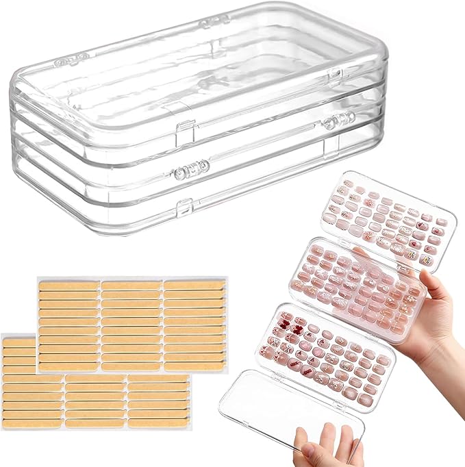 Compact Press on Nail Storage Box,Portable Tri-Fold Press on Nails Organizer Case with 60 Pcs Adhesive Double Sided Tape,Acrylic Nail Storage Box for All Size Fake Nails Home Travel Use