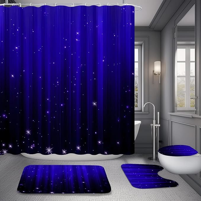 Yddsky 4 Pcs Blue and Black Shower Curtain Sets Non-Slip Rugs Bath Mat Toilet Cover, U-Shaped Mat, Gradient Shower Curtain with 12 Hooks, Modern Abstract Bathroom Set Bathroom Decor