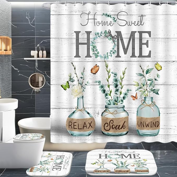 ALEXEX 4 PCS Green Eucalyptus Shower Curtain Sets,Home Sweet Bathroom Set with Shower Curtain and Rugs and Accessories,Farmhouse Country Shower Curtain Bathroom Decor with 12 Hooks,72 X 72 Inches