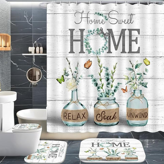 ALEXEX 4 PCS Green Eucalyptus Shower Curtain Sets,Home Sweet Bathroom Set with Shower Curtain and Rugs and Accessories,Farmhouse Country Shower Curtain Bathroom Decor with 12 Hooks,72 X 72 Inches