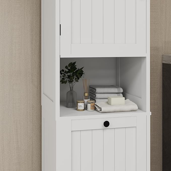 Locsear Tilt Out Laundry Hamper Cabinet, 55" Tall Bathroom Storage Cabinet Laundry Cabinet with Shelves and Clothes Basket, Hamper Cabinet Shelf for Laundry Room Bathroom Organizer, White