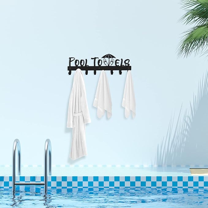 IBosins Pool Towel Rack with 8 Hooks, Towel Holder Wall Mounted for Outdoor or Bathroom, Towel Hanger for Hanging Bathrobes, Towels, Clothes - Perfect Pool Area Outside Sign and Decor (Black)