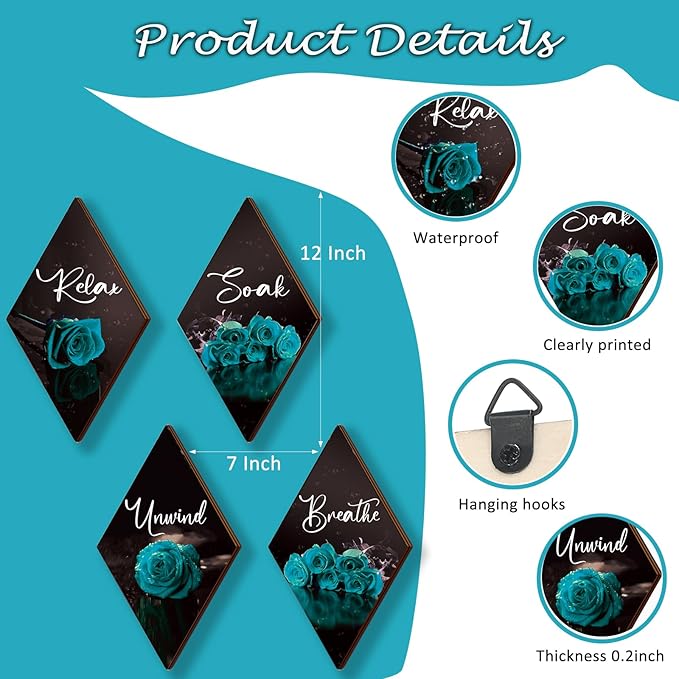ONIZHITY Set of 4 Teal Bathroom Decor Rose Wooden Wall Decor Turquoise Bathroom Decor Romantic Farmhouse Teal Wall Decor Breathe Soak Unwind Relax Signs for Office Room Bedroom (teal 12 x 7)
