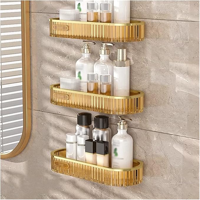 Bathroom Shelves Plastic storage rack Simple toiletries storage rack Three-layer wall mounted transparent plastic storage rack No punching Simple toilet storage rack Wall Mounted Shelf(Orange)