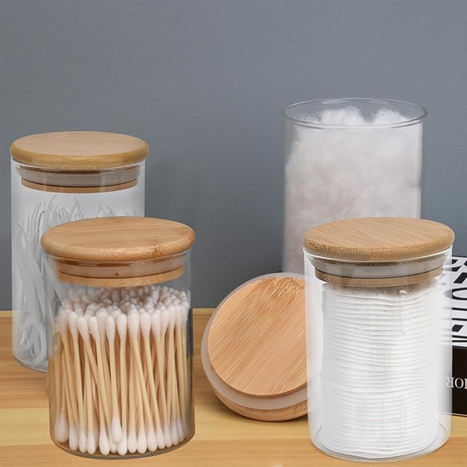 BKYFPQ 4 Pack Glass Qtip Holder Dispenser Set - Apothecary Jars with Lids for Vanity Makeup Organizer - Bathroom Canister Storage Organizer for Cotton Ball, Swab, Round Pads,Floss