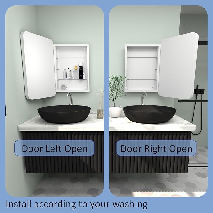 16”Wx24”H Farmhouse Framed Medicine Cabinet with Mirror, Matte White Finish, Recessed or Surface Mount, Adjustable Shelves, Rounded Rectangle Bathroom Medicine Cabinet,Install Left or Right