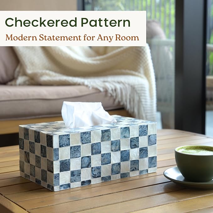 CHI AN HOME Rectangle Checkered Tissue Box Cover Handmade with Capiz Shells, Decorative Tissue Box Holder for Living Room, Bathroom or Kitchen Counter (Navy Blue)