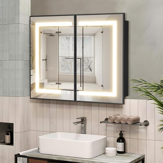 ROOMTEC Lighted Medicine Cabinet with Mirror 40"x32", Wall Mounted Bathroom Mirror with Storage, 2 Doors Bathroom Wall Cabinet with LED Lights, Black