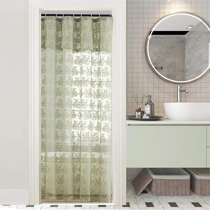YJ YANJUN Sage 36x72 Shower Curtain Bohemian Lace Scalloped Shower Curtain Elegant Floral Stand Up Bath Curtain for Small Bathroom Spring Summer Narrow RV Bath Curtain Sage Green