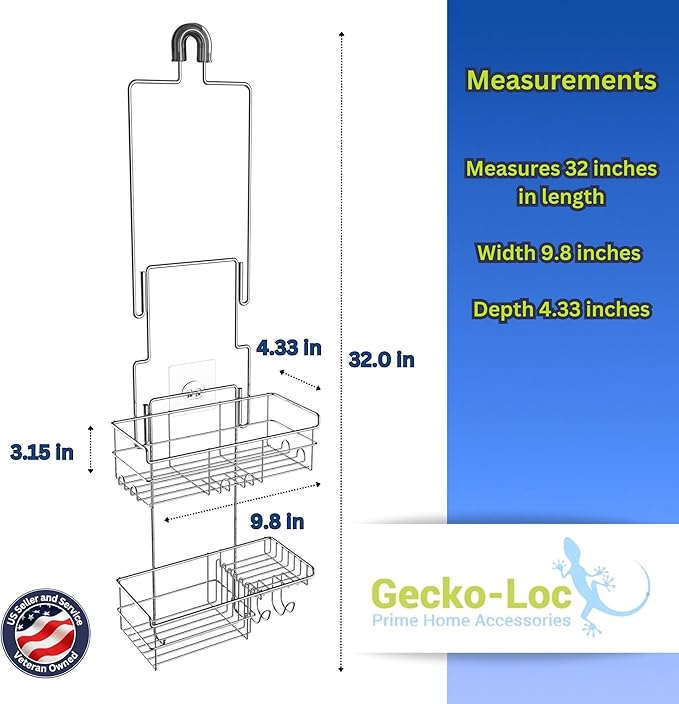 Gecko-Loc Extra-Long Adjustable Over-the-Showerhead Shower Caddy – Rustproof Stainless Steel Organizer with Suction Stabilizer, Deep Basket & Hooks – No-Drill, Tool-Free Installation (Silver)