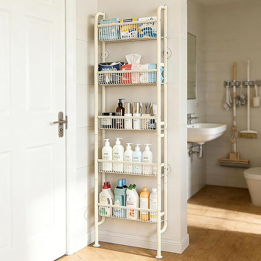 Behind The Door Narrow Bookshelves Pantry Spice Rack 5-Tier Slim Metal Space-Saving Organizer for Bathroom Closet Kitchen Living Room Sturdy Room Laundry Room, White