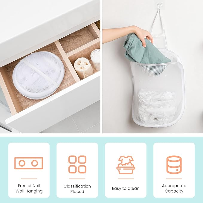 3 Pieces Hanging Laundry Hamper Laundry Bag to Hang Foldable Mesh Hamper Dirty Cloth Basket with Carry Handle Door Net for Store Cloth, Toy, Camping, Hotel Use