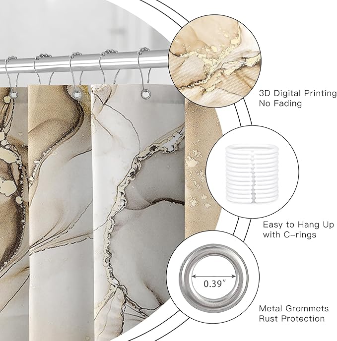 4PCS Beige Marble Bathroom Sets with Shower Curtain and Rugs, Abstract Shower Curtain Sets with Rugs for Bathroom Decor, Bathroom Curtains Shower Set with Toilet Lid Cover Accessories