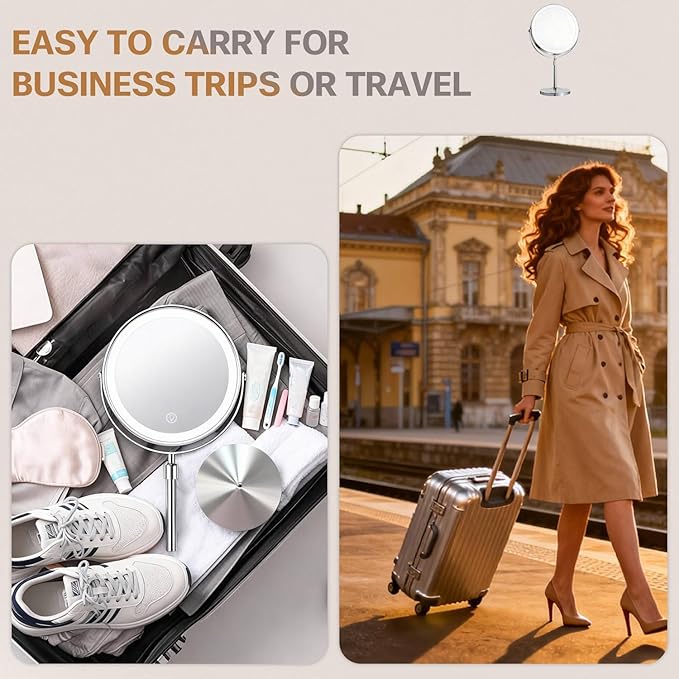 Makeup Mirror with Lights and Magnification, Electric Lighted Standing Mirror with 10x Magnification, Magnifying Mirror with Light for the Bathroom, 360° Rotation & Height Adjustable