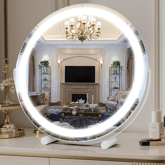Vanity Mirror with Lights, 18" LED Makeup Mirror, HD Professional Mirror, Smart Touch with 3-Color Lighting, Dimmable, 360° Rotation, Lighted Up for Makeup Desk, Bedroom (White)