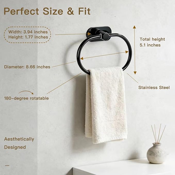 Besteffie Adhesive Towel Ring Self Adhesive Hand Towel Ring Stainless Steel Rustproof Bathroom Towel Holder Wall Mount SUS 304 Stainless Steel Matte Black