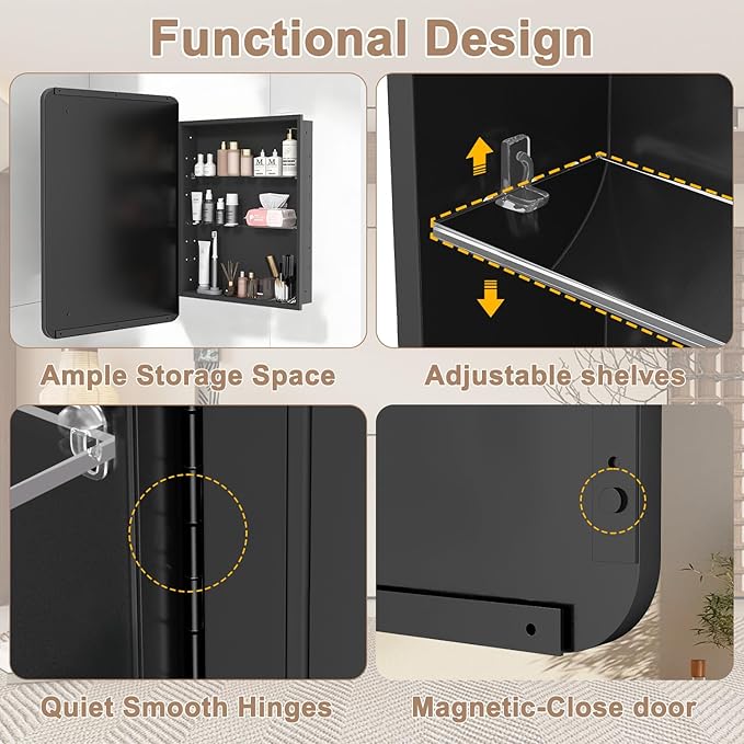 Medicine Cabinet with Mirror, 16x24 Fully Assembled Recessed or Wall-Mounted Bathroom Mirrored Cabinet with Adjustable Storage Shelves for Vanity, Metal, Black
