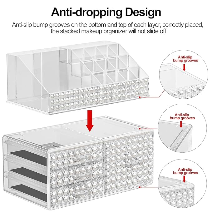Awenia 4 Pack Stackable Makeup Organizer[Upgraded],Acrylic Cosmetics Storage Large Capacity with 11 Drawers For Brush Holder,Perfume or Jewelry Display,Plus Size| Ship from USA(Clear)