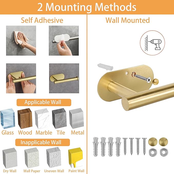 TocTen Self Adhesive Bathroom Towel Bar, Stick Towel Rack for Bathroom, Rustproof Stainless Steel Bath Towel Holder No Damage, Easy to Install Drill Free Towel Rod for Bathroom (Brushed Gold, 16 Inch)