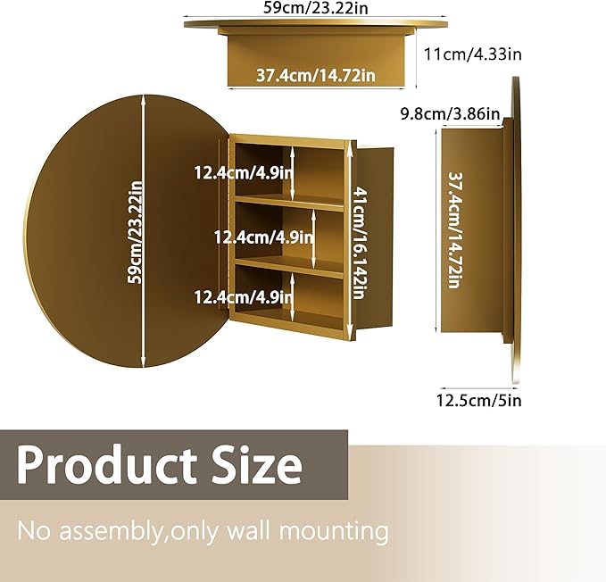 Medicine Cabinet Mirror, Wall Mounted Bathroom Vanity with Mirror, 23.2" Round Bathroom Medicine Cabinet with Storage Function, Removable Shelves, Metal, NO Assembly, Gold