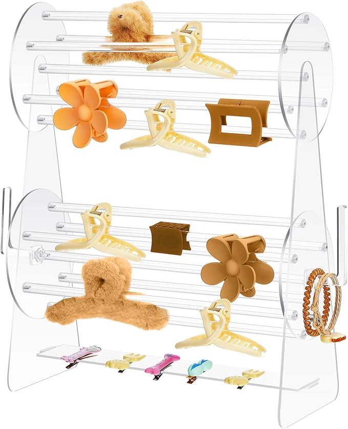 Lineshading 2-tier Acrylic Claw Clip Holder 360 Degree Rotating Claw Clip Organizer Hair Accessories Organizer Storage Display Clear Stand for Women Vanity Dressing Table(Round Style)