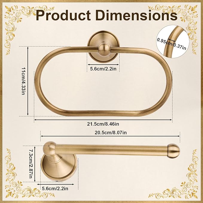 2pcs Antique Brass Toilet Paper Holder, Retro Brass Hand Towel Ring Tissue Roll Paper Hanger Wall Mounted Bathroom Accessories for Home Hostel