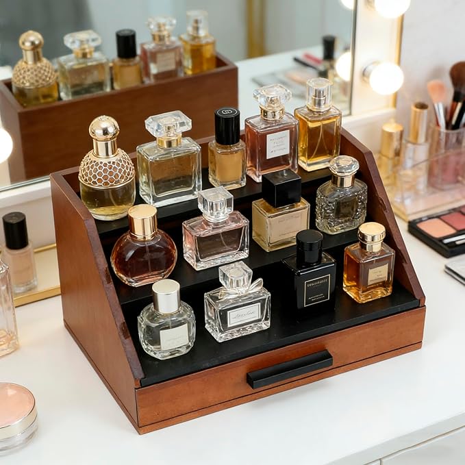 Cologne Organizer for Men - 3-Tier Wooden Perfume Shelf Stand with Drawer, Perfume Display & Storage Tray for Dresser, Black & Brown, 11"x4.7"x7.9"