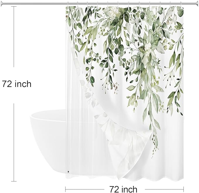 Gibelle 3 in 1 Shower Curtain Set, 72x72 OliveGreen Eucalyptus Bath Curtain with PEVA Liner Set and 12 Metal Hooks, Waterproof Fabric Bathroom Curtain
