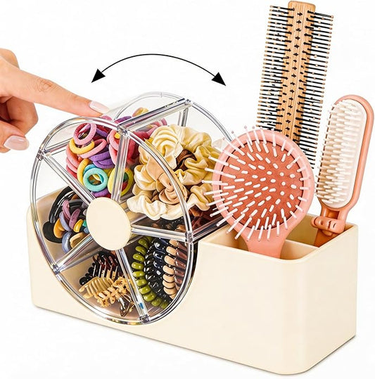 Hair Accessories Organizer with 5-Section Rotating Case | 2-Slot Comb & Hair Brush Holder | Cute Bathroom Vanity Caddy for Hair Tiles, Clips, Scrunchies, Other Accessories | Girls Vanity Décor (Cream)